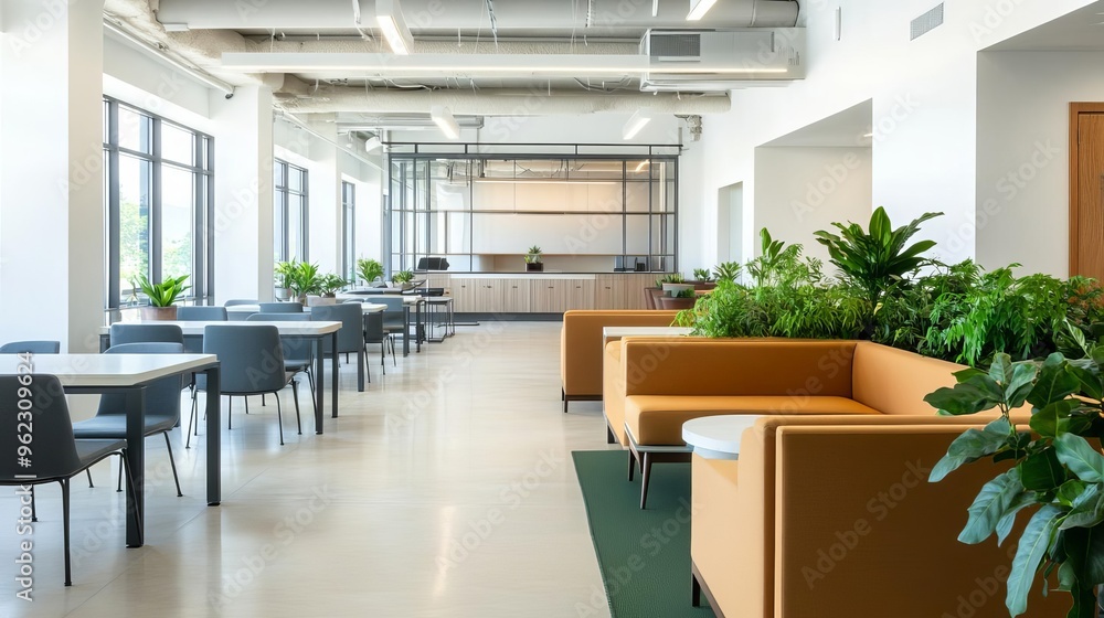 Bright, open co-working space with natural light, comfortable seating, and greenery, creating a refreshing work environment Bright, open co-working space with natural light, comfortable seating, and greenery, creating a refreshing work environment