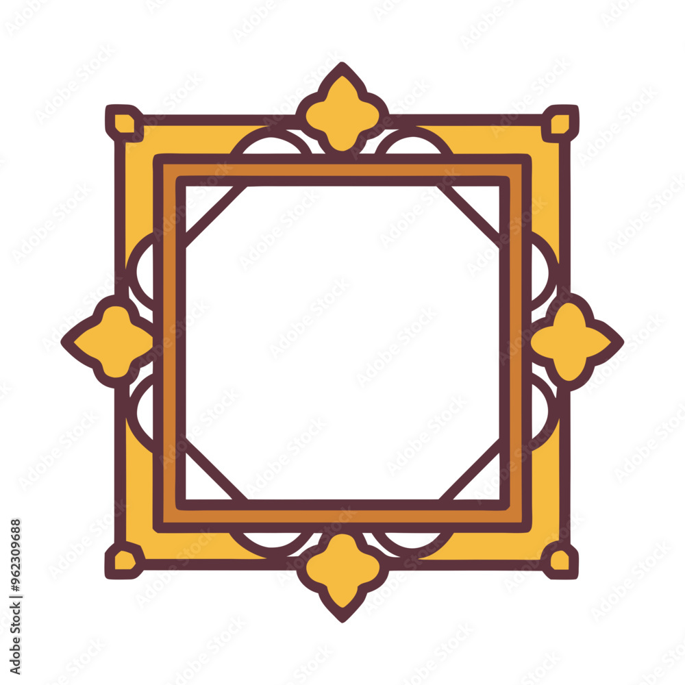 a decorative square frame with an intricate design. The frame is primarily yellow with dark brown outlines. It features a symmetrical pattern with four stylized floral motifs at each corner a decorative square frame with an intricate design. The frame is primarily yellow with dark brown outlines. It features a symmetrical pattern with four stylized floral motifs at each corner