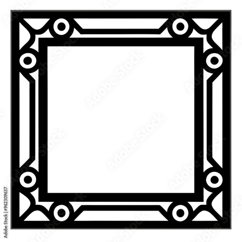 a decorative black square frame with a geometric pattern. The frame is composed of thick black lines forming the outer and inner borders