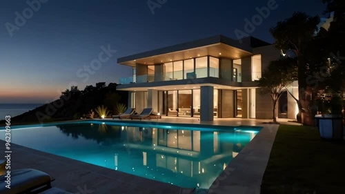 Modern backyard with swimming pool in Australian mansion 