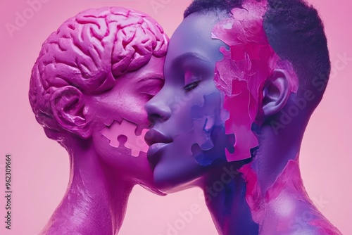 Cooperative neural activity Neuroethics Vibrant pink and blue heads facing each other with puzzle elements illustrating the interplay of ideas and the balance between logic and emotion photo