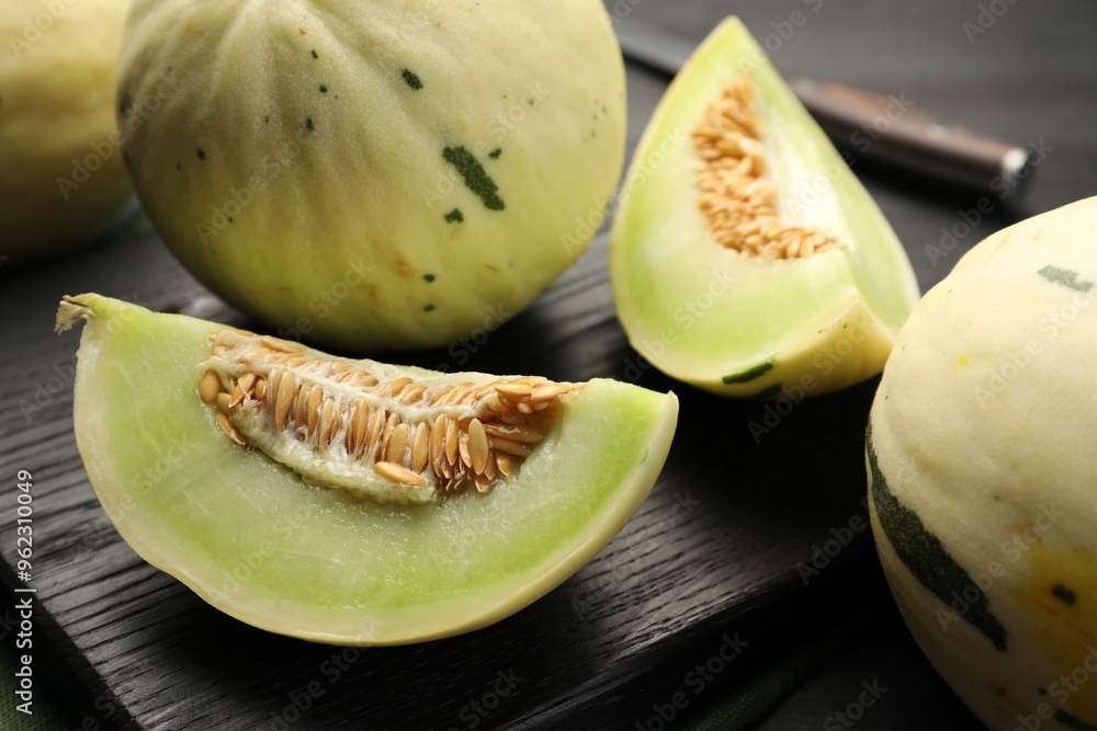 Fresh whole and cut honeydew melons on black wooden table, closeup Fresh whole and cut honeydew melons on black wooden table, closeup