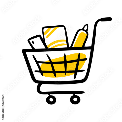 a simple illustration of a shopping cart. The cart is drawn with black lines and contains three items inside it, which are colored in yellow