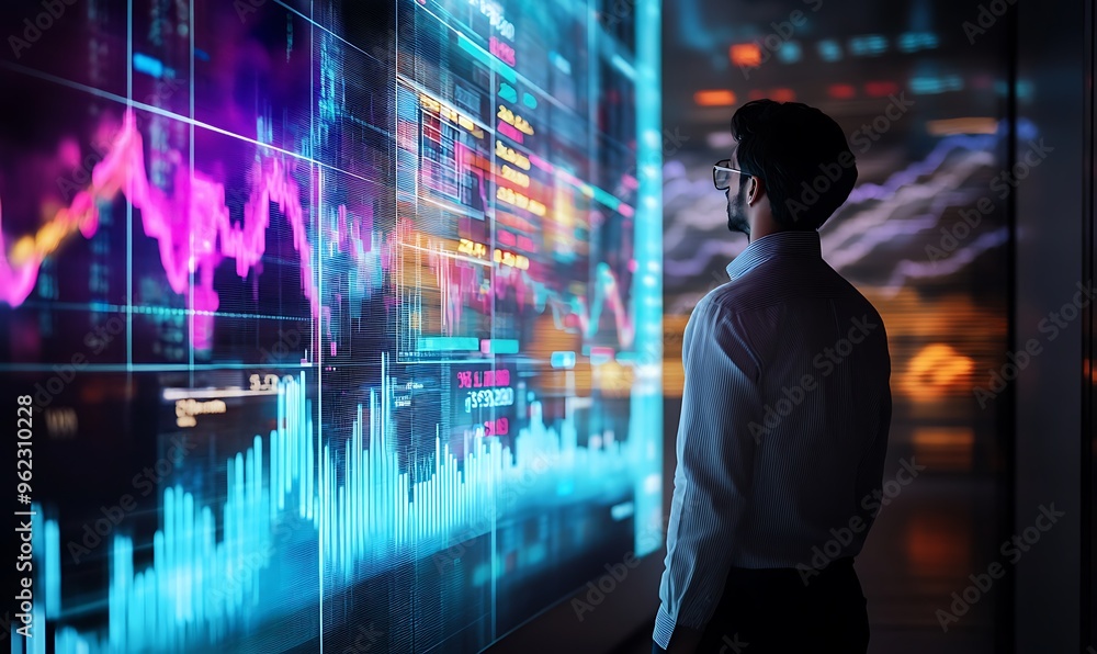 A Businessman Analyzing Financial Data on a Large Screen A Businessman Analyzing Financial Data on a Large Screen