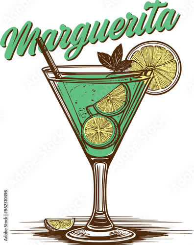 Marguerita drink cocktail text vector illustration colorful green and yellow