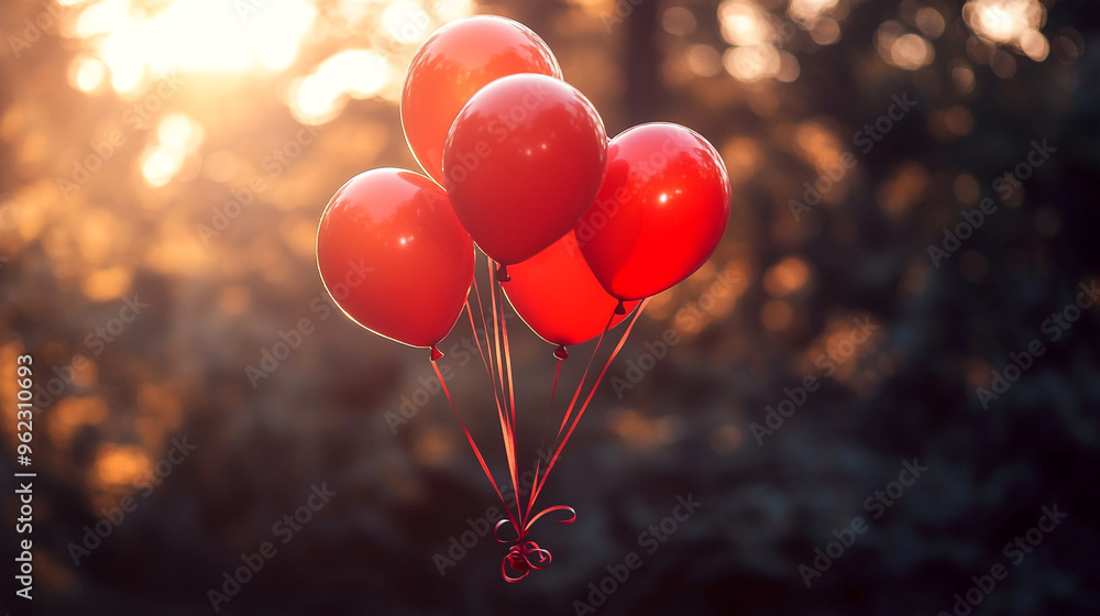 Bright red balloons float gently in the warm evening light in a tranquil outdoor setting surrounded by trees Bright red balloons float gently in the warm evening light in a tranquil outdoor setting surrounded by trees