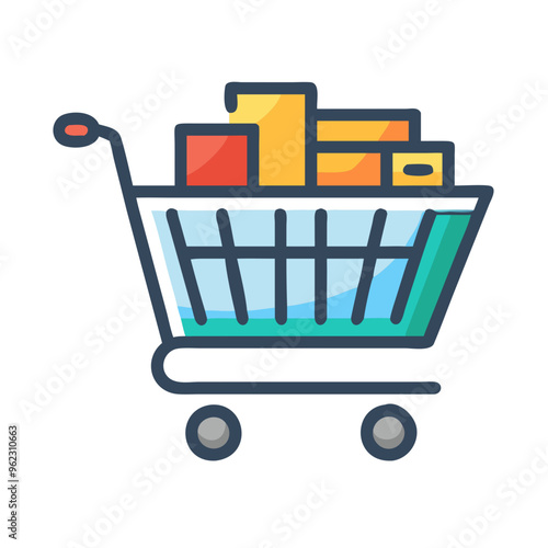 an illustration of a shopping cart. The cart is filled with various rectangular boxes in different colors, including red, yellow, and orange