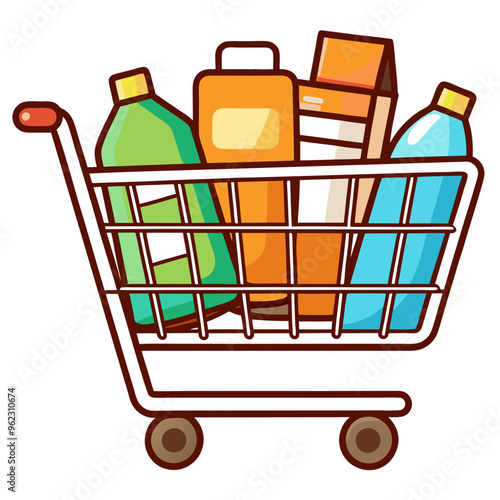 a cartoon-style illustration of a shopping cart filled with various items. Inside the cart, there are three large bottles, each a different color: green, orange, and blue