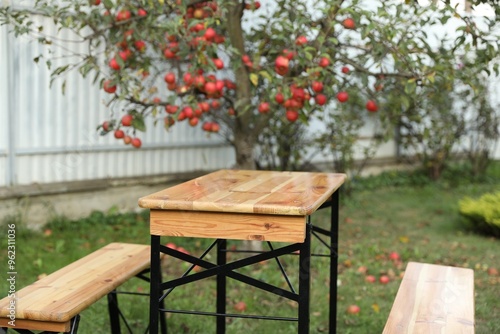 Wooden table with benches in apple garden