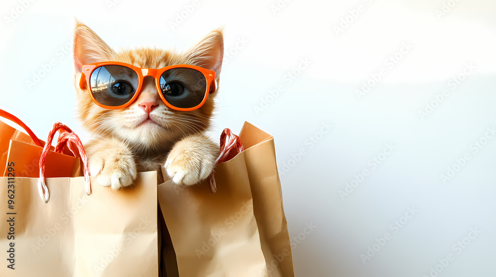 Cat in sunglasses with a paper bag.. A cat in sunglasses atop shopping bags Cat in sunglasses with a paper bag.. A cat in sunglasses atop shopping bags