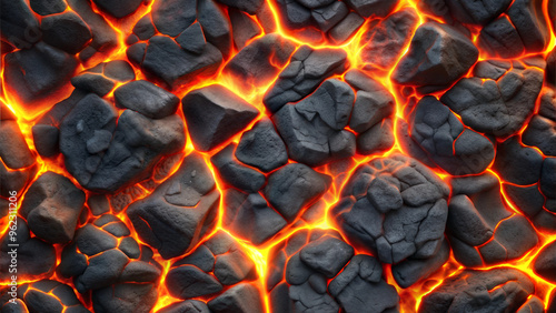 Lava rocks glowing with heat and crackling in fiery orange and black background copy space