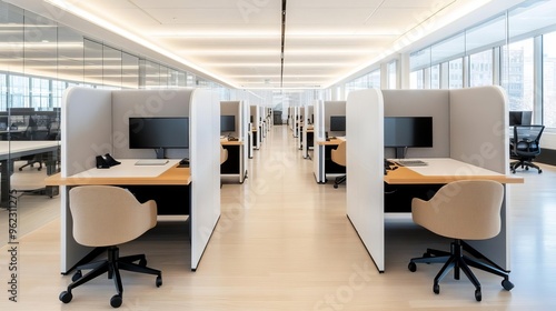 Co-working area with private booths, communal tables, and ergonomic furniture, balancing privacy and collaboration