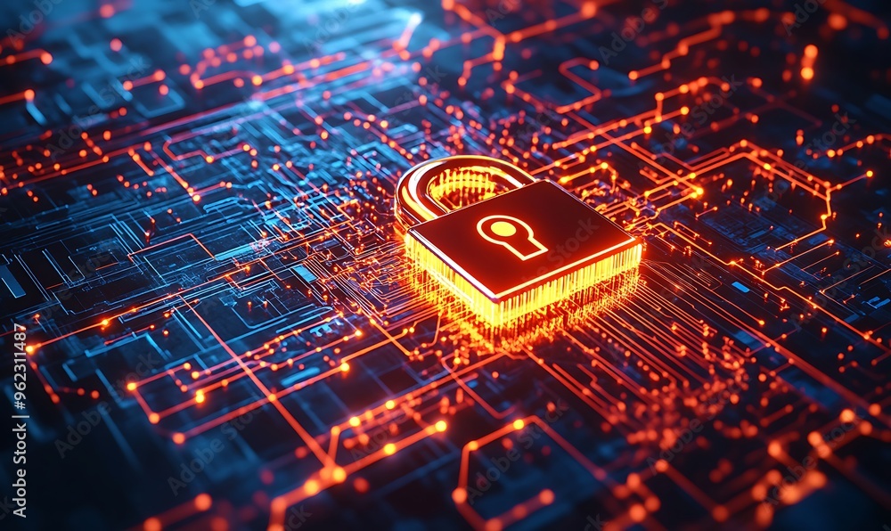 Glowing Padlock on a Circuit Board Representing Cybersecurity Glowing Padlock on a Circuit Board Representing Cybersecurity