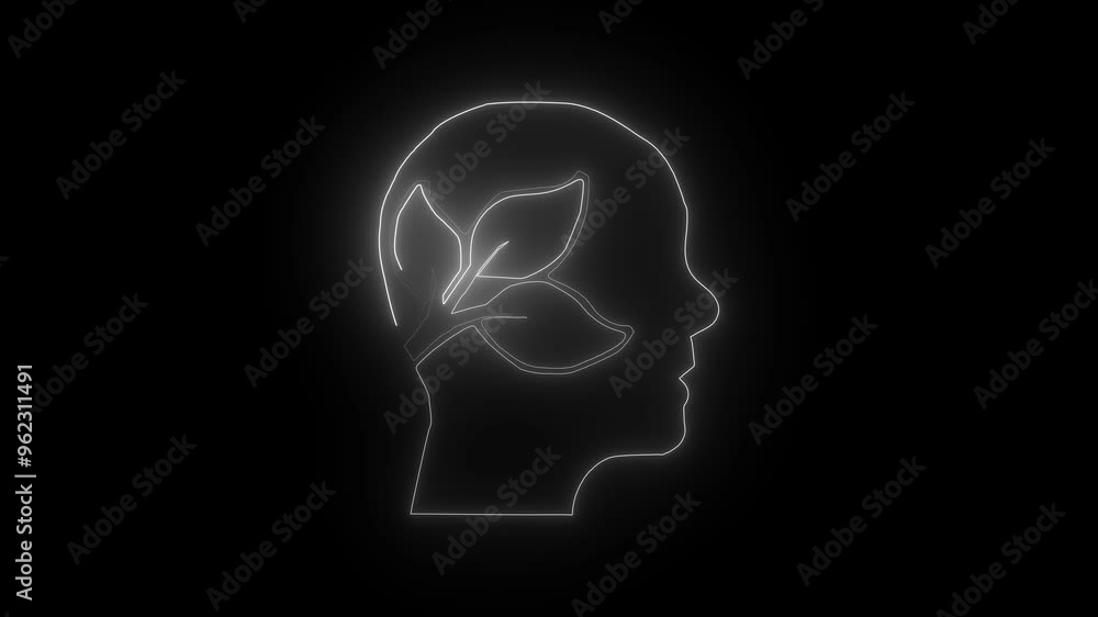 abstract glowing neon line white color man thinking tree planting animation on dark background. abstract glowing neon line white color man thinking tree planting animation on dark background.