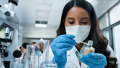 Chemists in a lab developing cosmetic products, testing and analyzing formulas for quality and effectiveness.