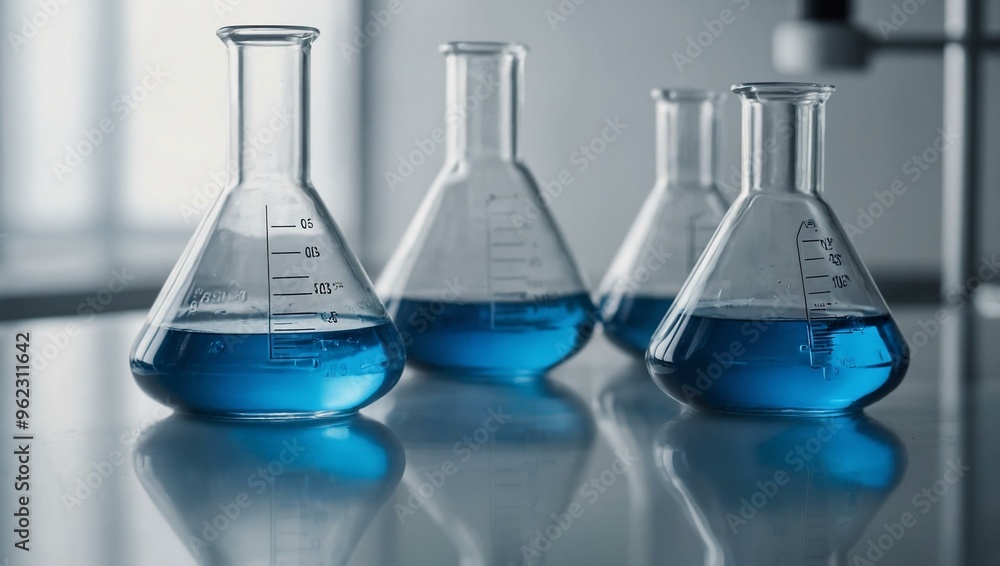 Blue solution in laboratory beaker and flask, isolated with white highlights. Blue solution in laboratory beaker and flask, isolated with white highlights.