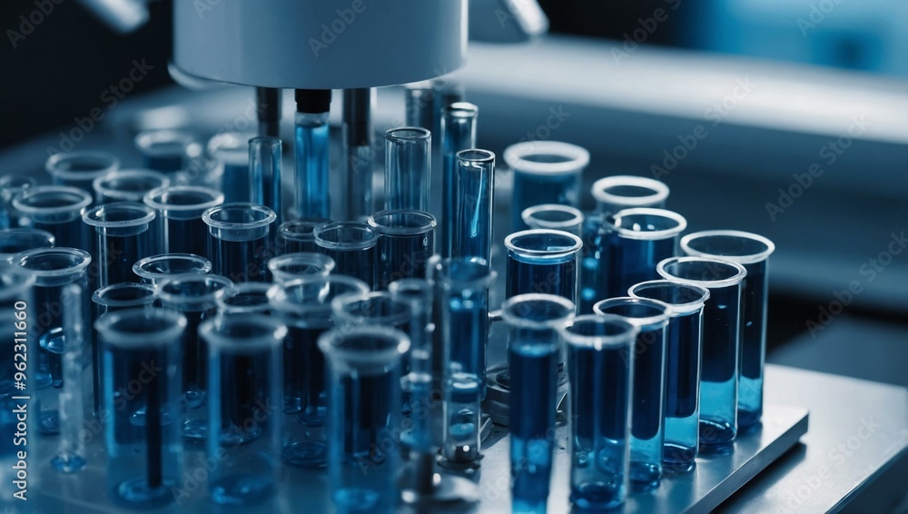 Blue test tubes examined under a microscope in a research environment. Blue test tubes examined under a microscope in a research environment.