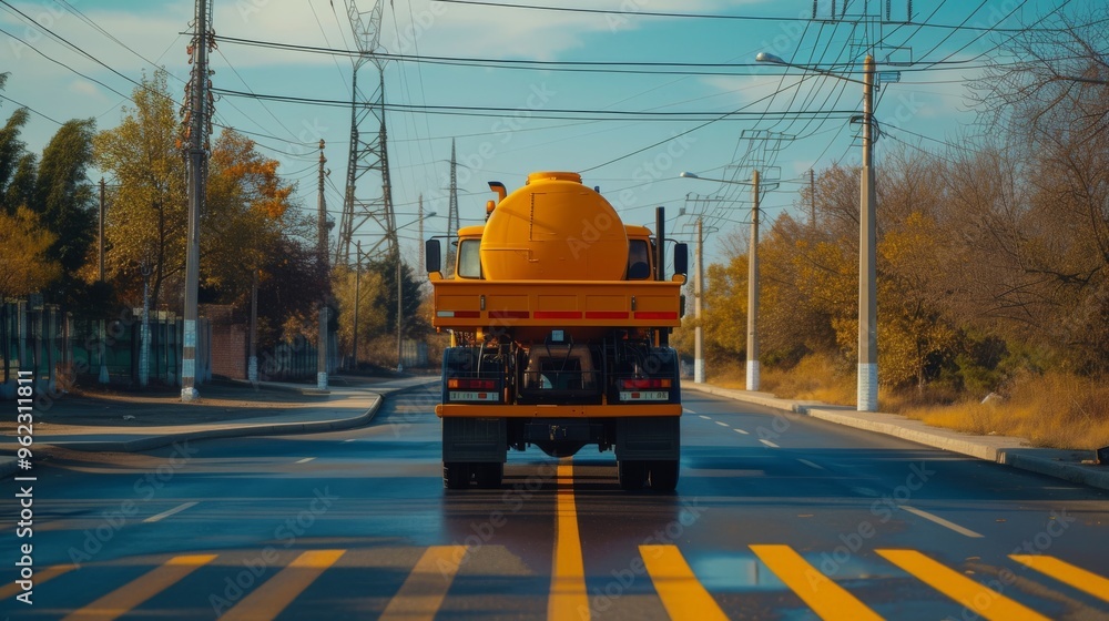 Obraz premium A yellow tanker truck drives down an empty urban road, framed by power lines and autumn trees. The warm sunlight casts long shadows, emphasizing the serene yet industrial atmosphere of the scene.