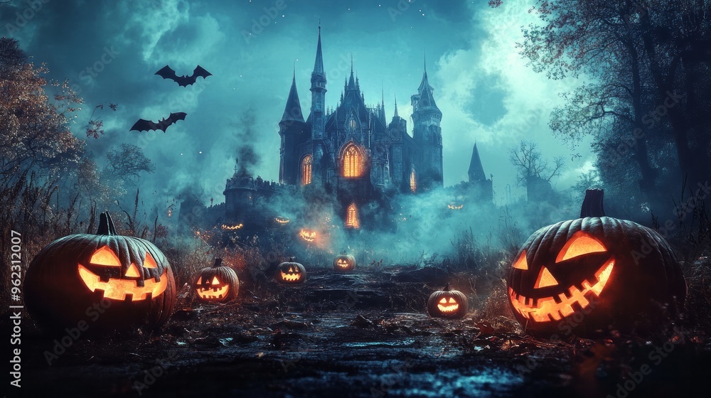 Halloween Night Background Image With Spooky Castle And Pumpkins. Banner, Halloween Celebration Greeting Card, Halloween Party Poster Halloween Night Background Image With Spooky Castle And Pumpkins. Banner, Halloween Celebration Greeting Card, Halloween Party Poster