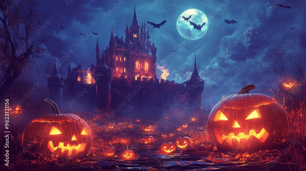 Halloween Night Background Image With Spooky Castle And Pumpkins. Banner, Halloween Celebration Greeting Card, Halloween Party Poster Halloween Night Background Image With Spooky Castle And Pumpkins. Banner, Halloween Celebration Greeting Card, Halloween Party Poster