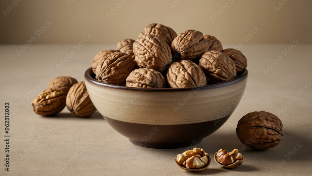 Bowl of large organic walnuts on a beige background, offering space for text or design. Bowl of large organic walnuts on a beige background, offering space for text or design.
