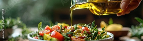 Hand pouring olive oil over a fresh salad, healthy fats for brain health, Mediterranean diet concept. Photo realistic photo