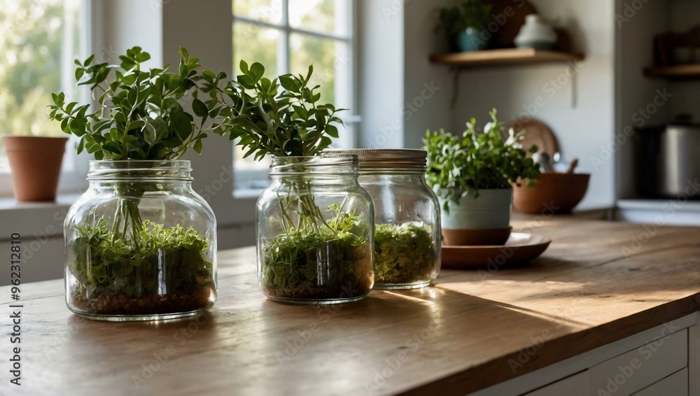 Bright, sunlit kitchen countertop adorned with jars and greenery, inviting and cozy. Bright, sunlit kitchen countertop adorned with jars and greenery, inviting and cozy.