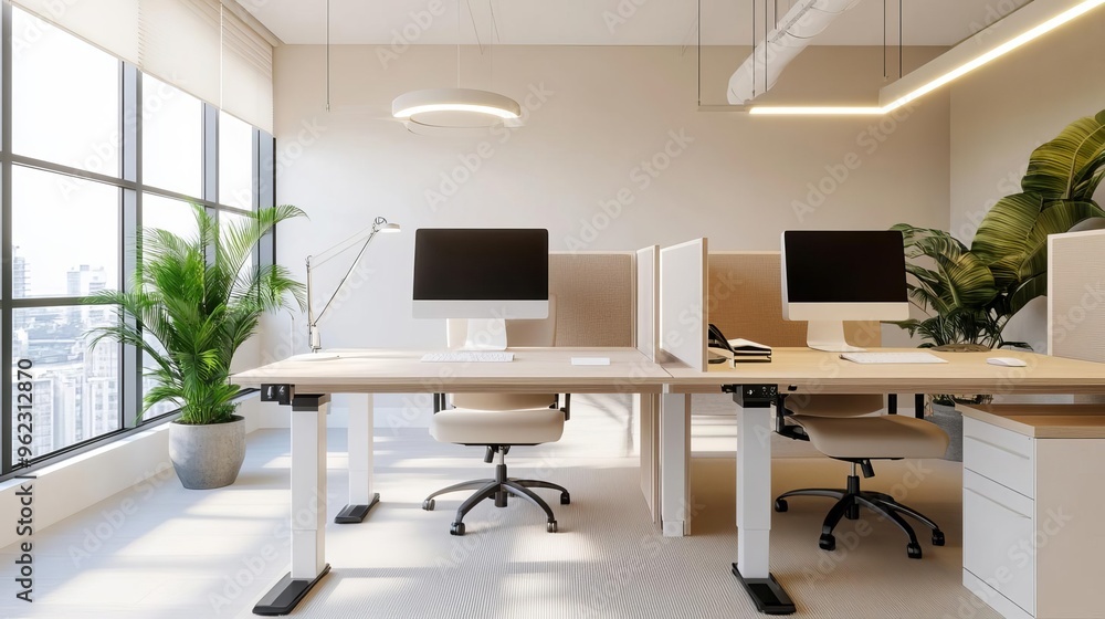 Co-working space with standing desks, natural light, and soundproof booths, designed for productivity and innovation Co-working space with standing desks, natural light, and soundproof booths, designed for productivity and innovation