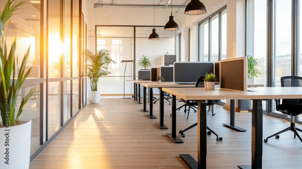Co-working space with standing desks, natural light, and soundproof booths, designed for productivity and innovation Co-working space with standing desks, natural light, and soundproof booths, designed for productivity and innovation