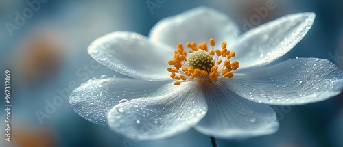 Close-up of a Delicate White Flower with Yellow Stamens and Water Droplets