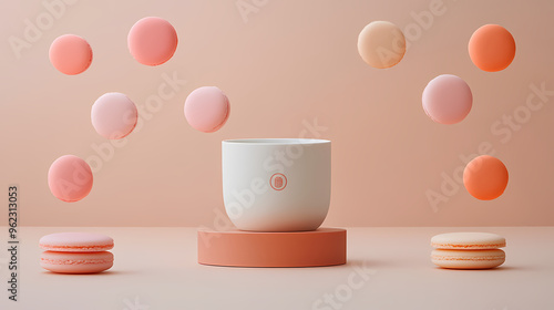 Colorful macarons floating near a cup on a table.