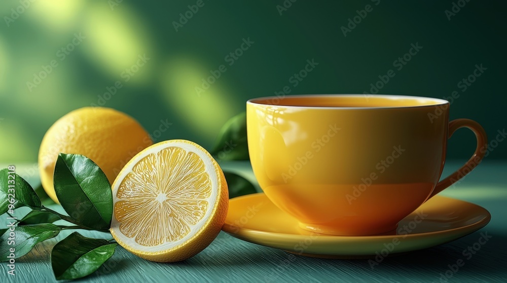 Cup of green tea with a lemon wedge on the side, rich in antioxidants, brain-stimulating beverage. Photo realistic Cup of green tea with a lemon wedge on the side, rich in antioxidants, brain-stimulating beverage. Photo realistic