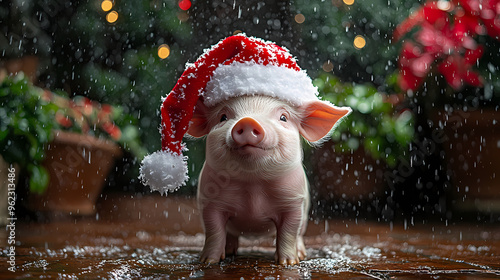 Small pig with a Santa hat in the rain