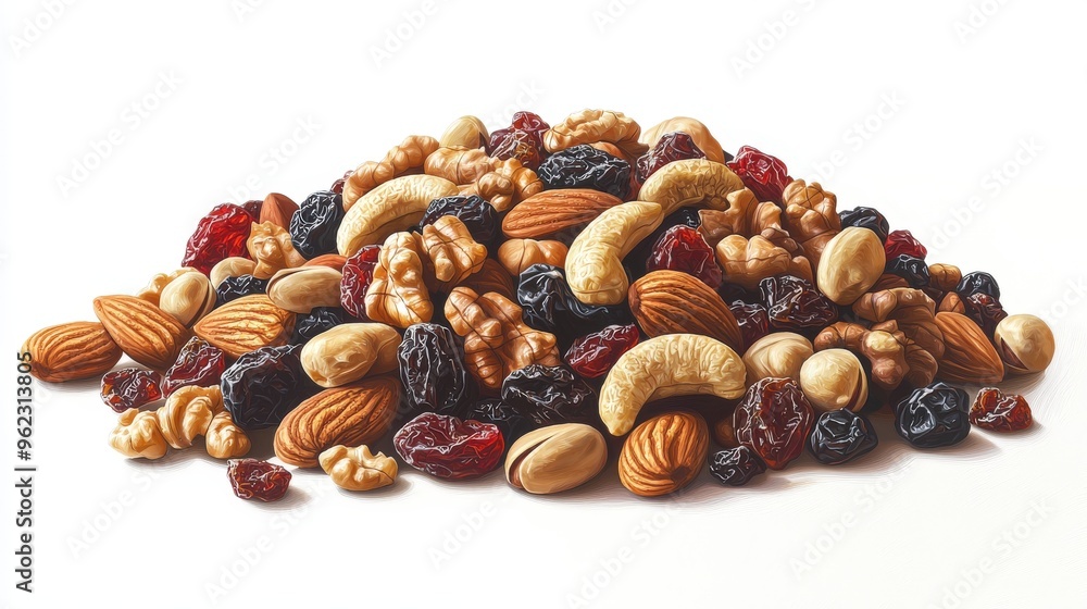 Handful of mixed nuts and dried fruits, portable brain-boosting snack, healthy and convenient. Photo realistic Handful of mixed nuts and dried fruits, portable brain-boosting snack, healthy and convenient. Photo realistic