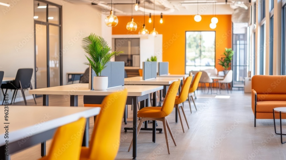 Modern co-working hub with flexible desks, quiet zones, and creative decor, catering to various work styles Modern co-working hub with flexible desks, quiet zones, and creative decor, catering to various work styles