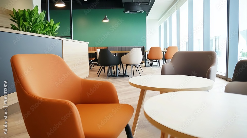Fototapeta premium Modern co-working hub with flexible seating, quiet zones, and creative decor, catering to various work preferences