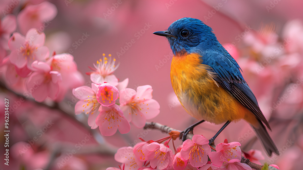 Himalayan Blue Flycatcher (Cyornis phoenicurus) perched on a blossom branch Himalayan Blue Flycatcher (Cyornis phoenicurus) perched on a blossom branch