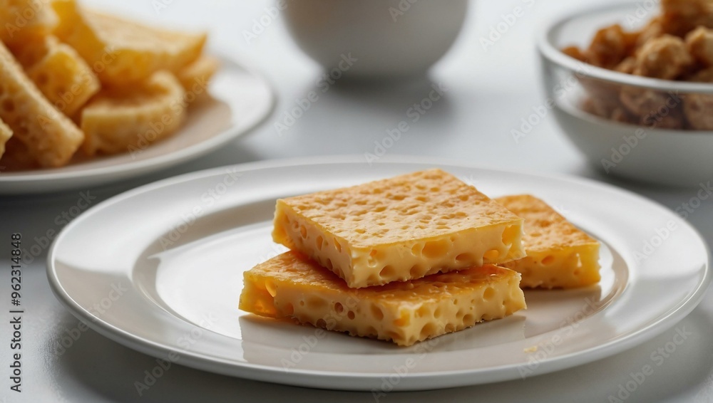 Cheese-flavored snacks on a white plate, against a clean white background. Cheese-flavored snacks on a white plate, against a clean white background.