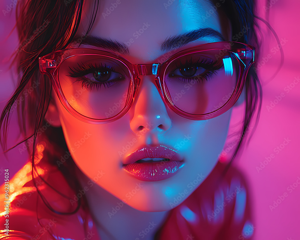 Close-up of a woman in glasses with a neon backdrop. Close-up of a woman in glasses with a neon backdrop.