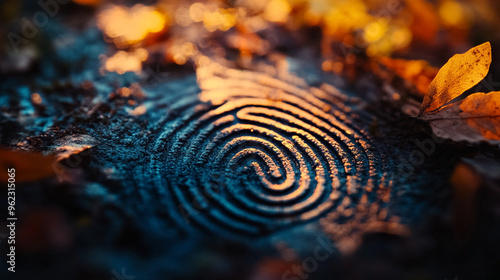 A unique fingerprint pattern emerges in a puddle reflecting warm autumn colors during sunset photo