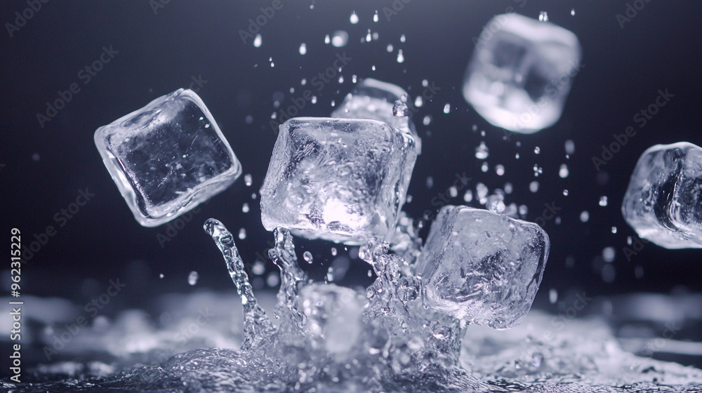 Chilled ice cubes splashing into water with droplets in a dark setting showcasing motion and freshness Chilled ice cubes splashing into water with droplets in a dark setting showcasing motion and freshness