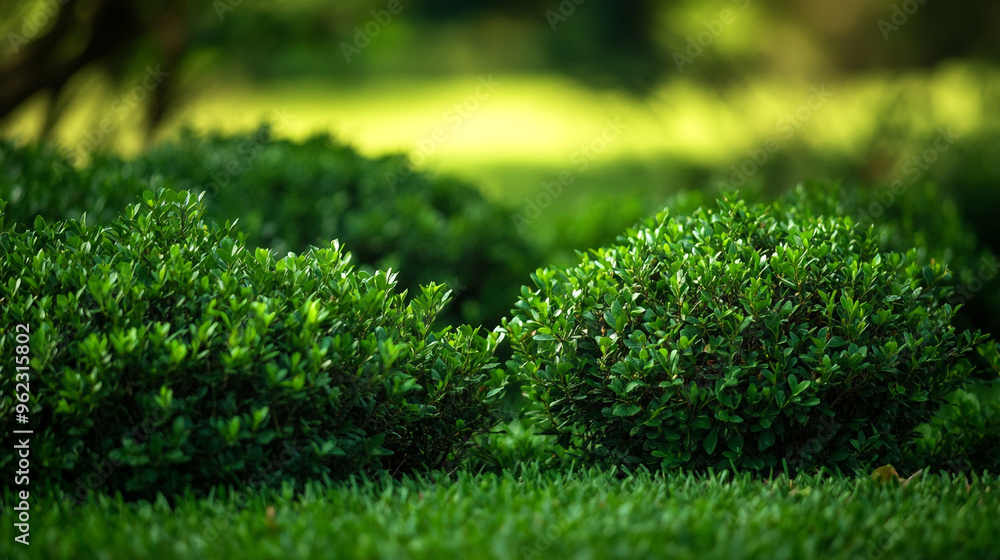 Lush green bushes thrive in a well-maintained garden during a sunny afternoon in a serene park setting Lush green bushes thrive in a well-maintained garden during a sunny afternoon in a serene park setting
