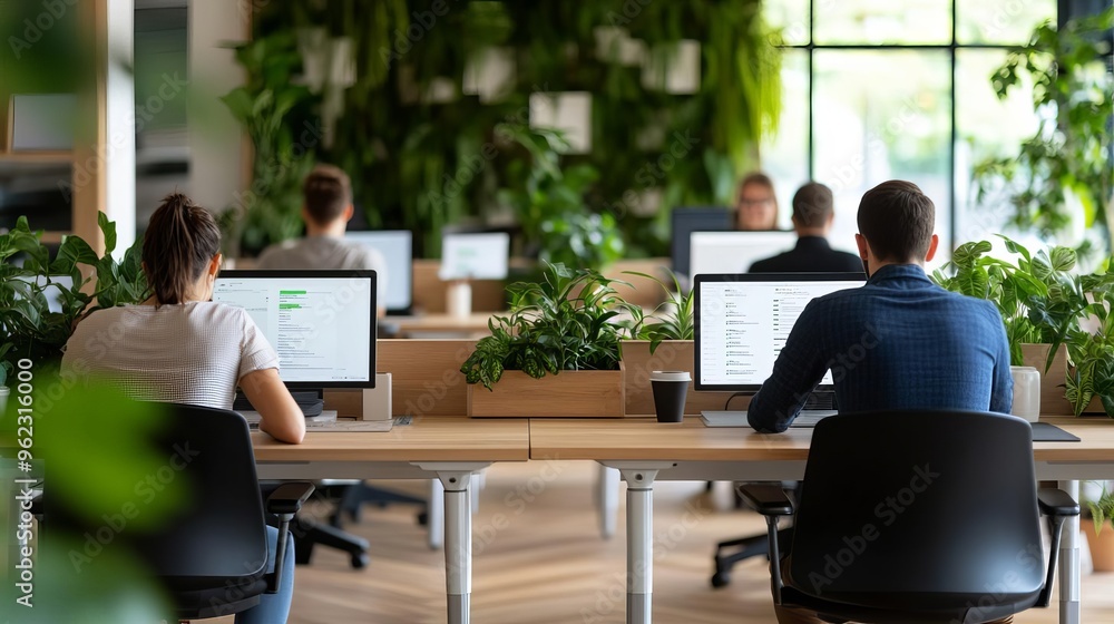 Productive work session in a co-working space with ergonomic desks, natural elements, and a positive, collaborative atmosphere Productive work session in a co-working space with ergonomic desks, natural elements, and a positive, collaborative atmosphere