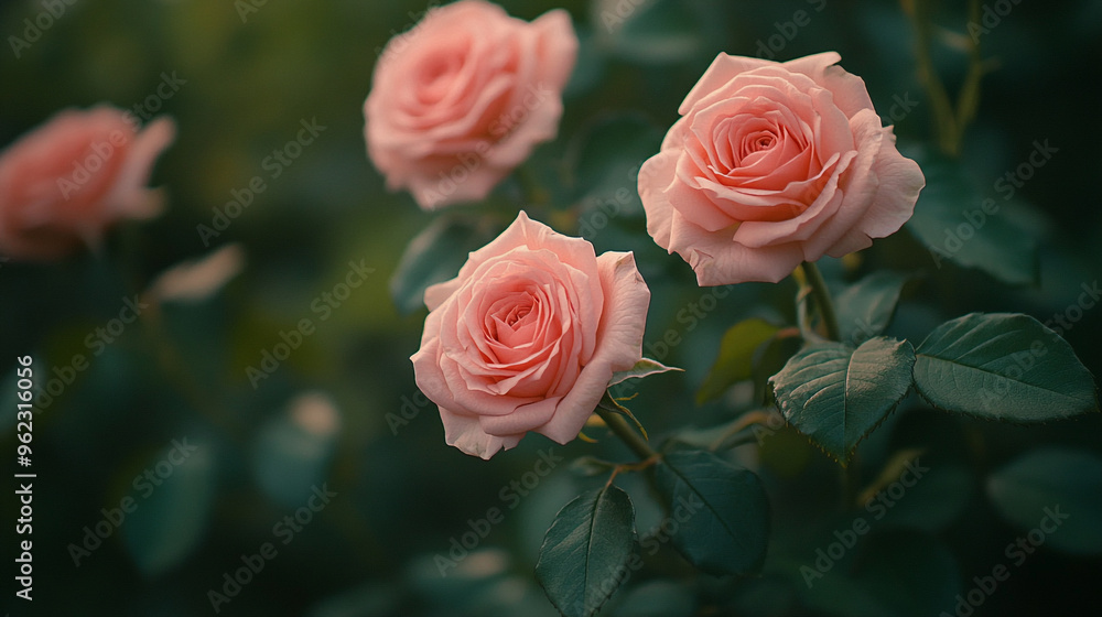 Delicate pink roses blooming in a lush garden during the afternoon, showcasing nature's beauty in full bloom Delicate pink roses blooming in a lush garden during the afternoon, showcasing nature's beauty in full bloom