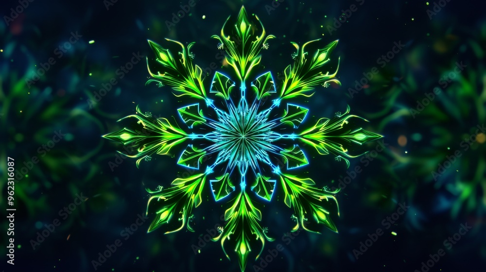 A glowing neon snowflake in vibrant green and blue hues set against a dark, abstract background. The intricate design and vivid colors create a mesmerizing and futuristic winter-themed visual, perfect A glowing neon snowflake in vibrant green and blue hues set against a dark, abstract background. The intricate design and vivid colors create a mesmerizing and futuristic winter-themed visual, perfect