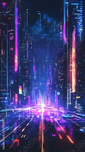 A futuristic cityscape with neon lights and skyscrapers, serving as a background for a video game or motion graphics