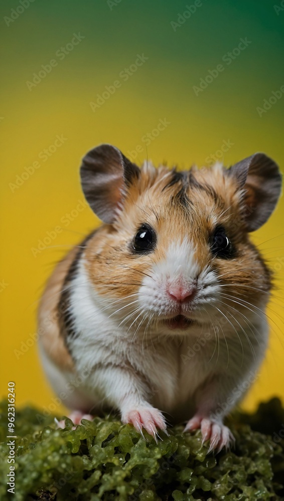 Close-up of a dwarf hamster with a yellow and green backdrop, providing room for text or design. Close-up of a dwarf hamster with a yellow and green backdrop, providing room for text or design.