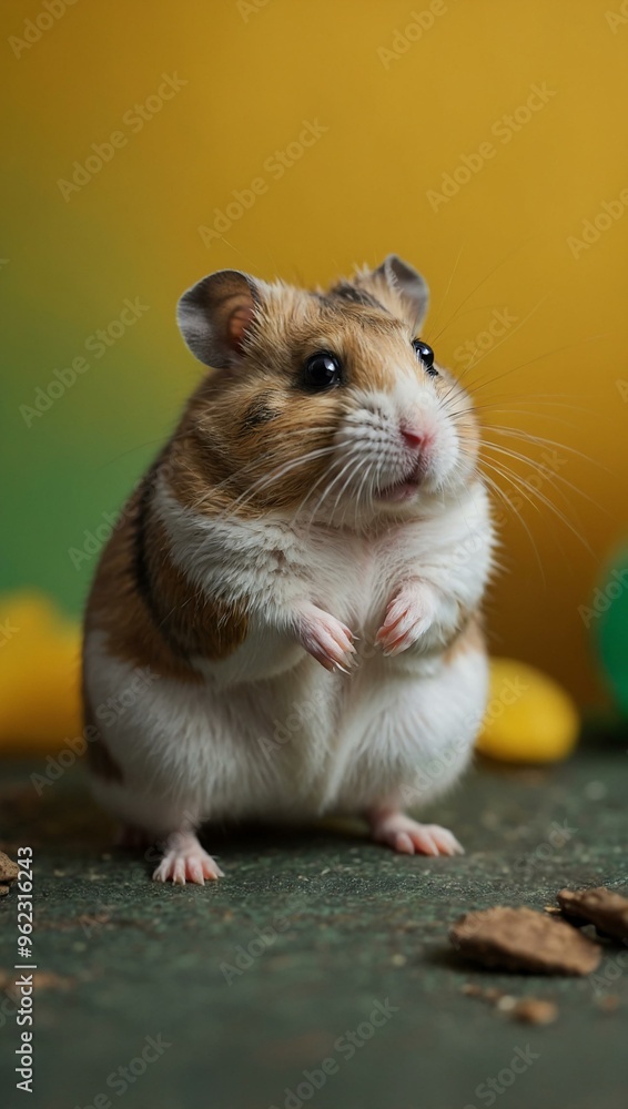 Close-up of a dwarf hamster with a yellow and green backdrop, providing room for text or design. Close-up of a dwarf hamster with a yellow and green backdrop, providing room for text or design.