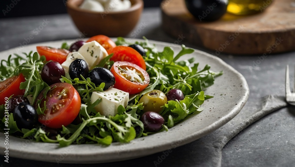 Close-up of a fresh salad with arugula, tomatoes, olives, onion, and mozzarella on white stone. Close-up of a fresh salad with arugula, tomatoes, olives, onion, and mozzarella on white stone.