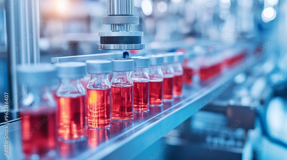 Automated quality control in pharmaceutical production line with red liquid vials. Automated quality control in pharmaceutical production line with red liquid vials.